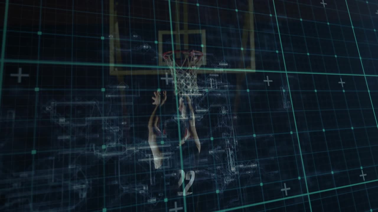 Basketball player gripping ball and aiming jump shot while glowing grid and data points pulsing