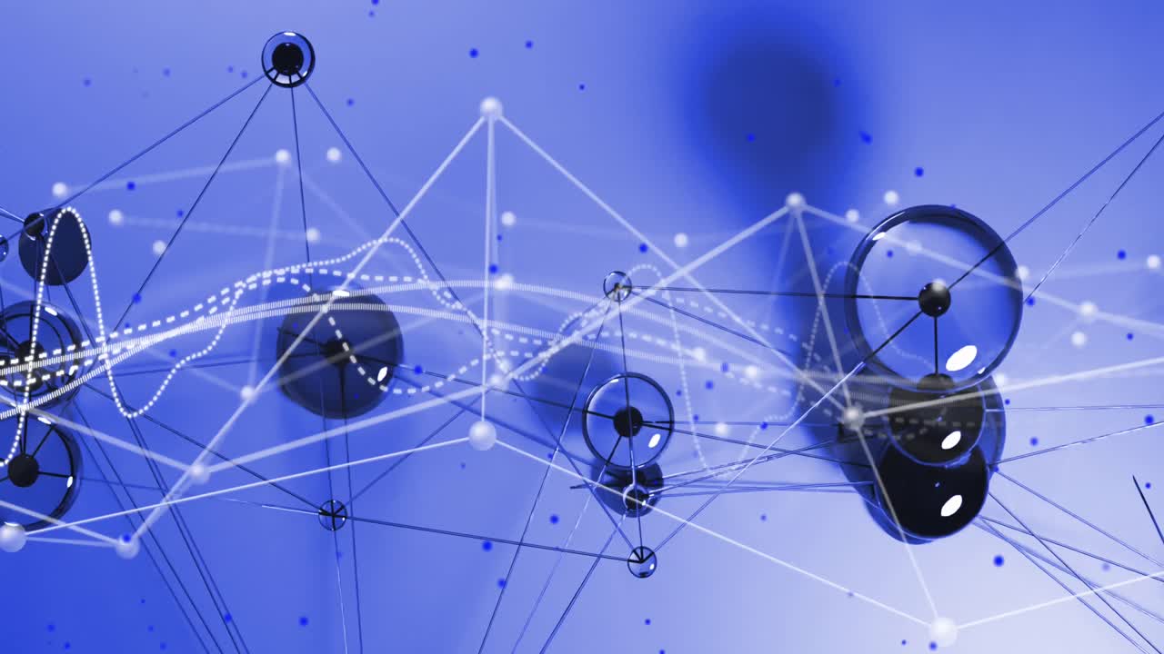Animation of data processing over connecting dots against blue gradient background