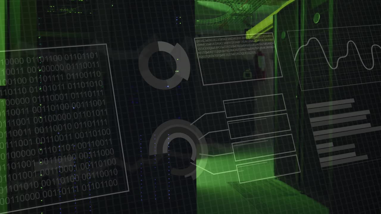 animación de codificación binaria y procesamiento de datos a través de servidores informáticos