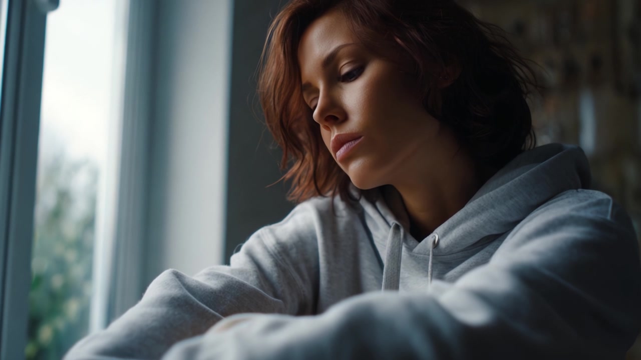 Un momento contemplativo catturato attraverso la luce della finestra, che mostra l'introspezione e la profondità emotiva di una giovane donna in un ambiente interno sereno
