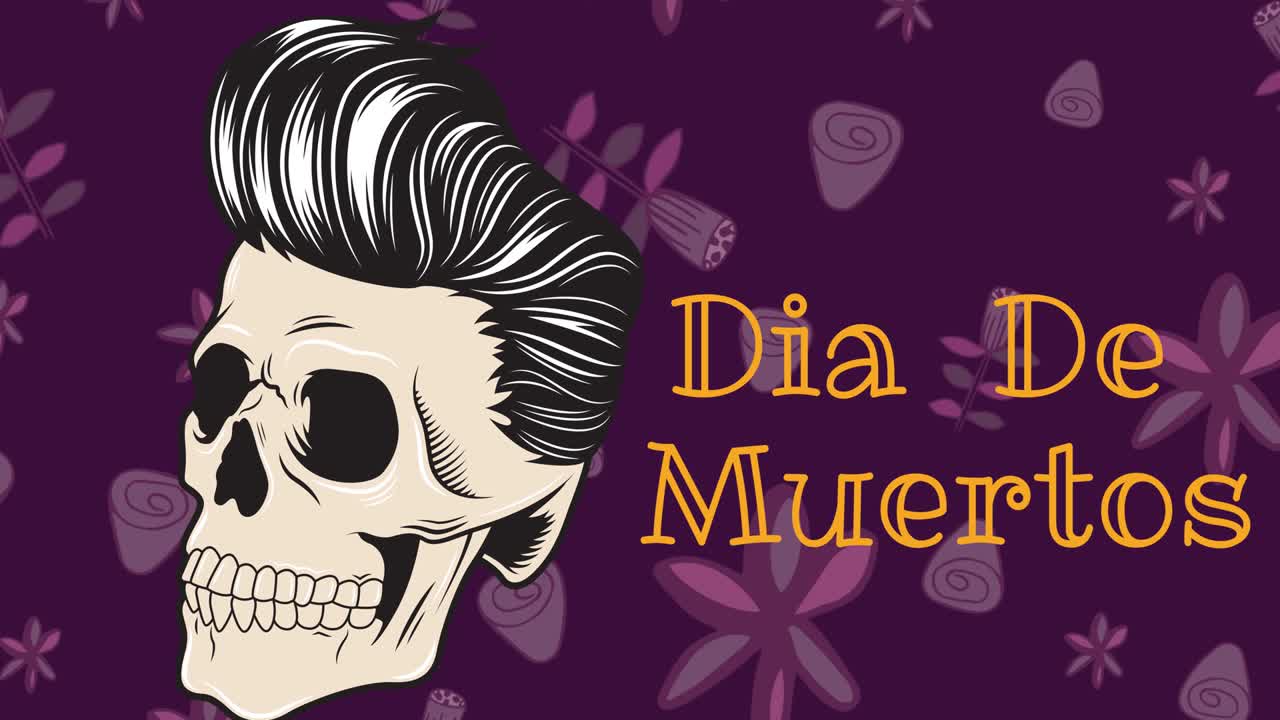 Animation of dia de los muertos and skull with hair on purple background