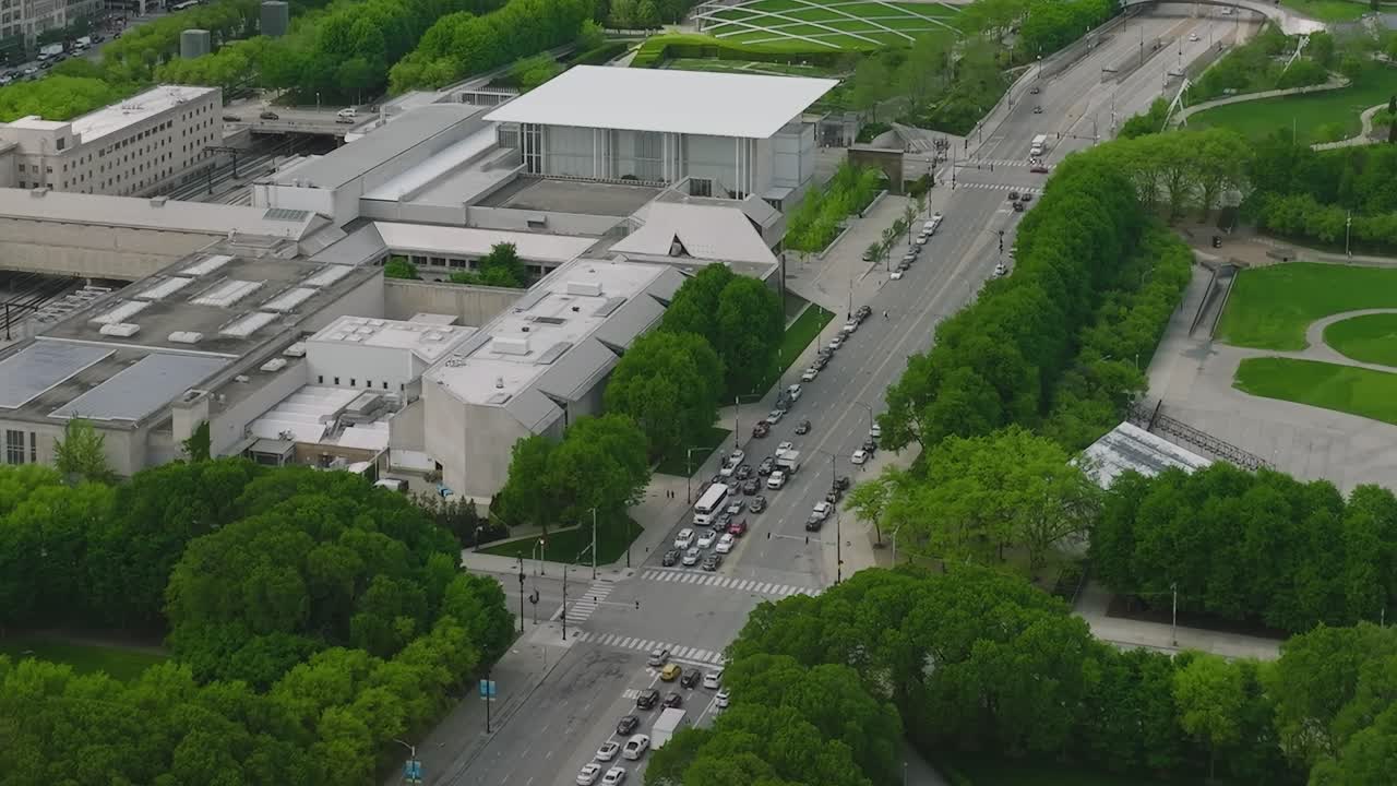 View of Chicago streets and parks from above during a clear day