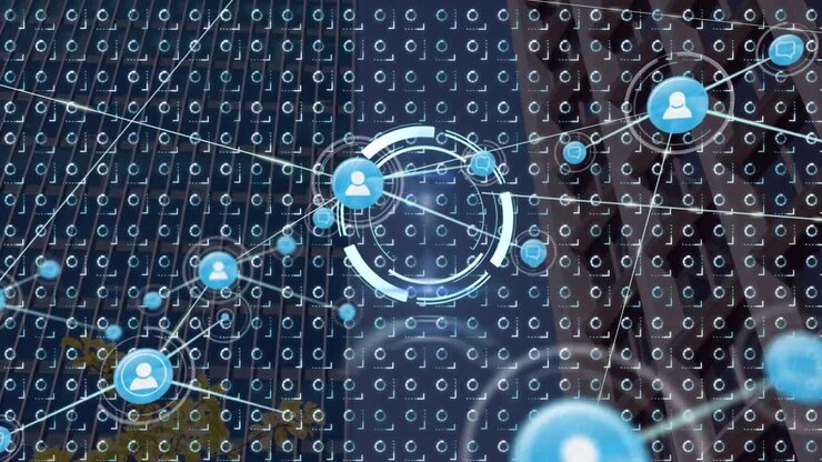 Animation of network of connection with icons over cityscape