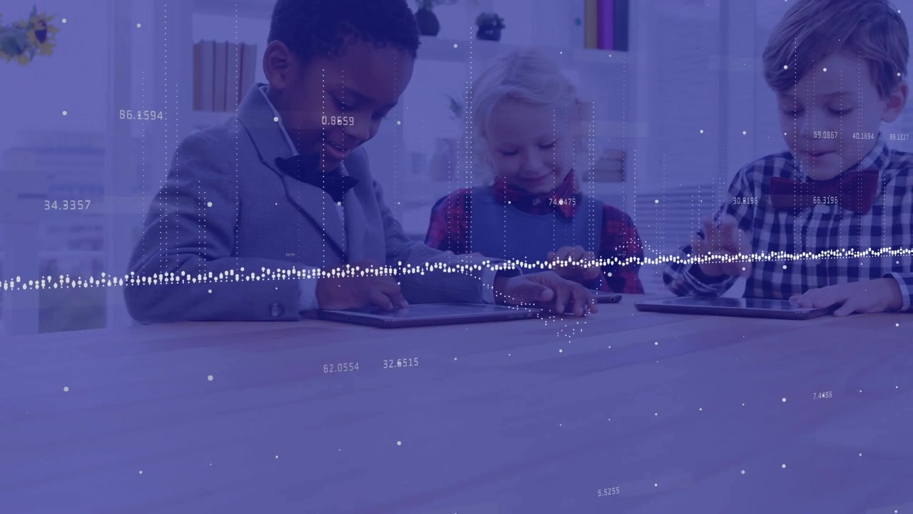 Animation of network of connections over business people using phone headsets