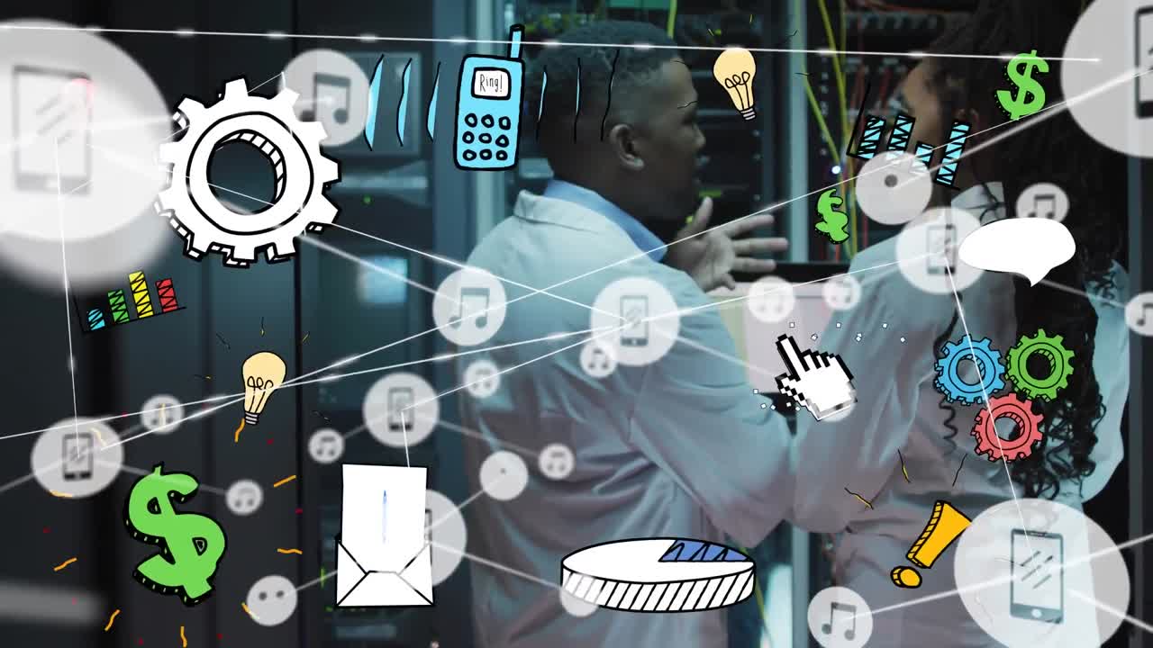 Animation of connections with icons over african american female and male coworkers