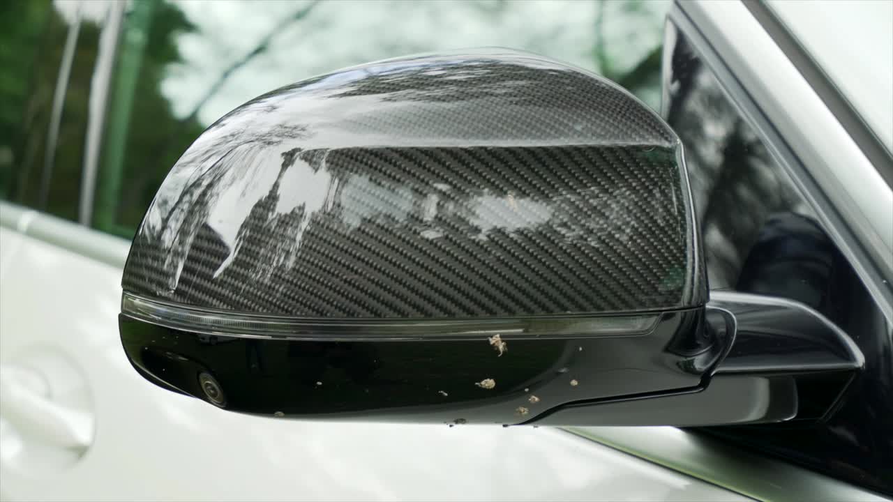 Carbon Fiber Side Mirror of a White Car