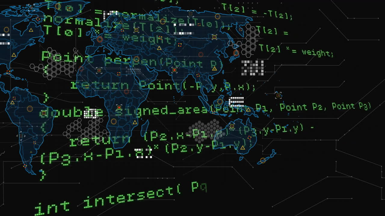 World map with programming code overlay and data processing animation