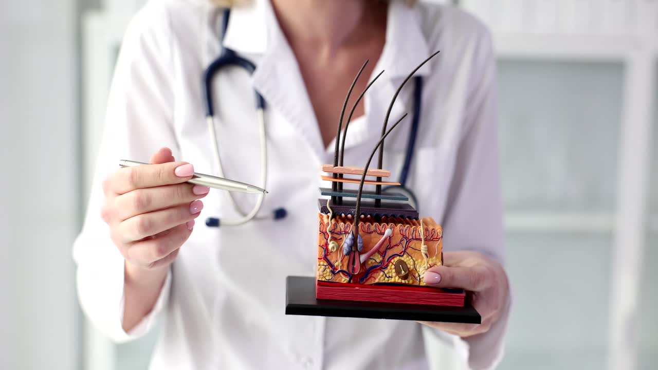 Doctor explaining skin anatomy with a model
