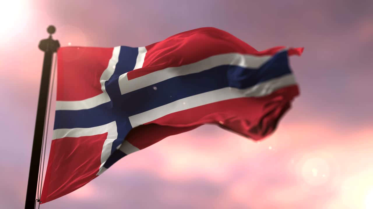 Norway flag waving at wind at sunset in slow, loop