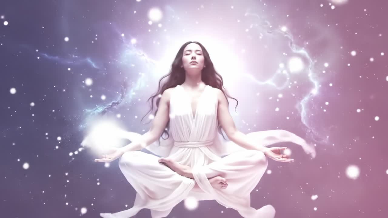 A Serene Being in Meditative State, Surrounded by Ethereal Lights and Cosmic Energy, Illustrating the Harmony Between Mind and Universe