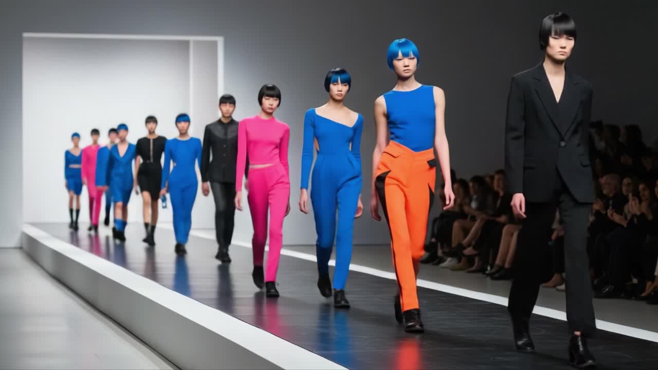 A Stunning Fashion Showcase Featuring Unique Designs and Bold Colors on the Runway with Models Commanding Attention in a Vibrant Display of Style and Creativity