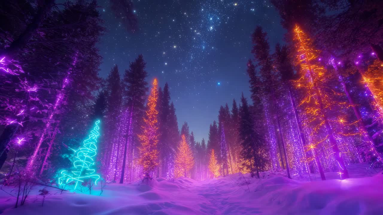 Vinterskog om natten med julelys