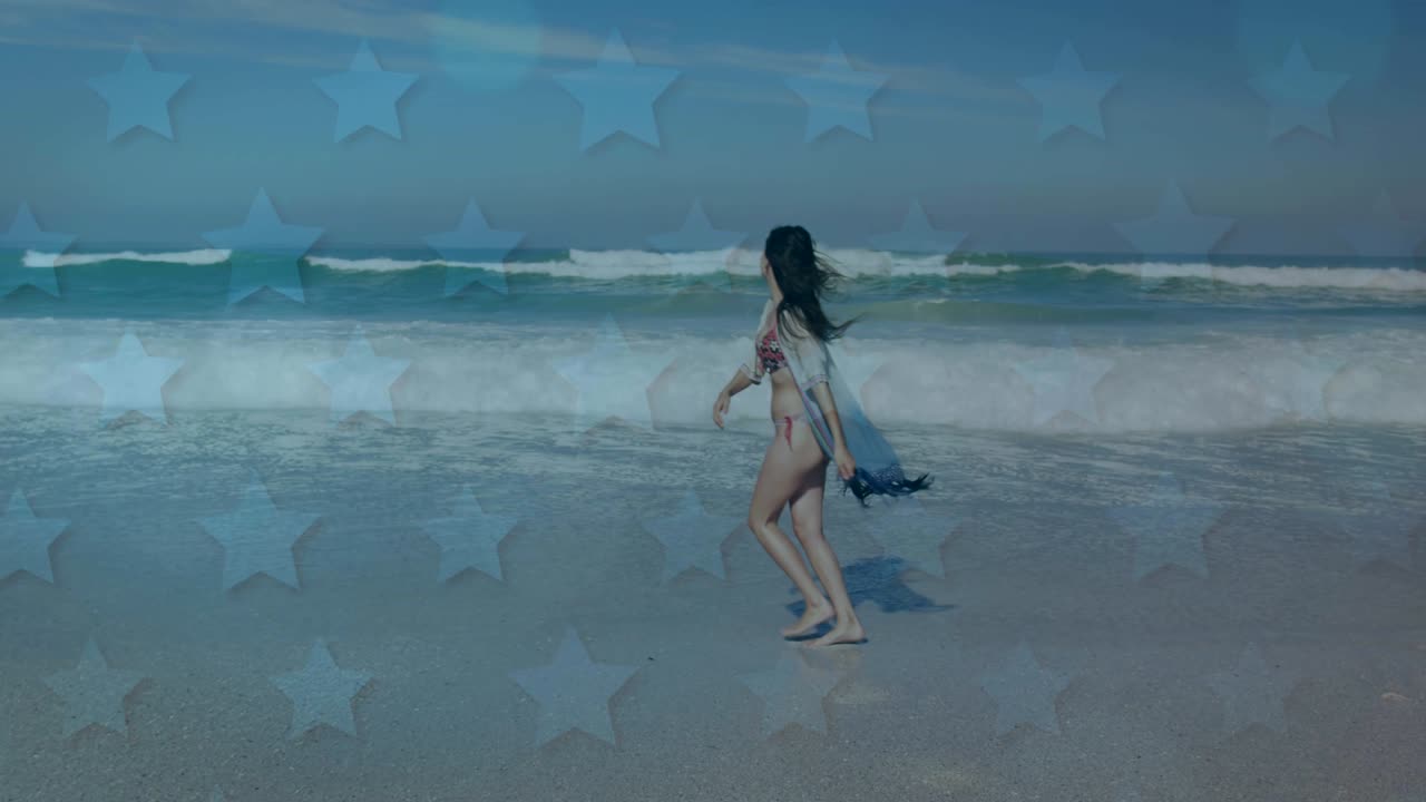 여름 휴가 중 해변에서 해변에서 달리는 여성 위에 흔들리는 미국 국기의 애니메이션