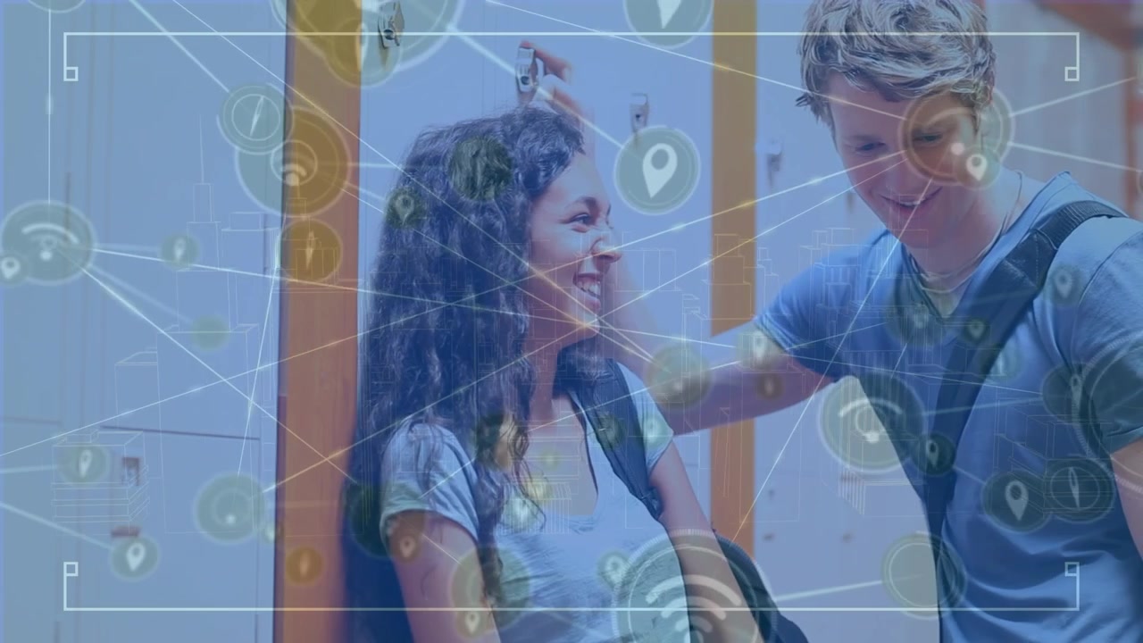 Students Talking by Lockers with Digital Network Overlay