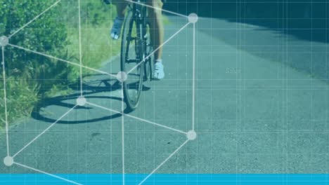 ecuaciones matemáticas y cubo moviéndose contra la mujer en bicicleta en la carretera