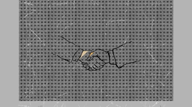 Animation of scratches over hands of two formal business people shaking hands, over grey texture
