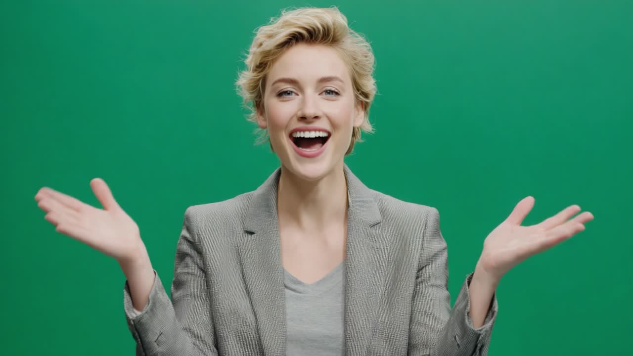 A joyful woman in a professional gray blazer smiles brightly against a vibrant green background, conveying positivity and enthusiasm in her expressions