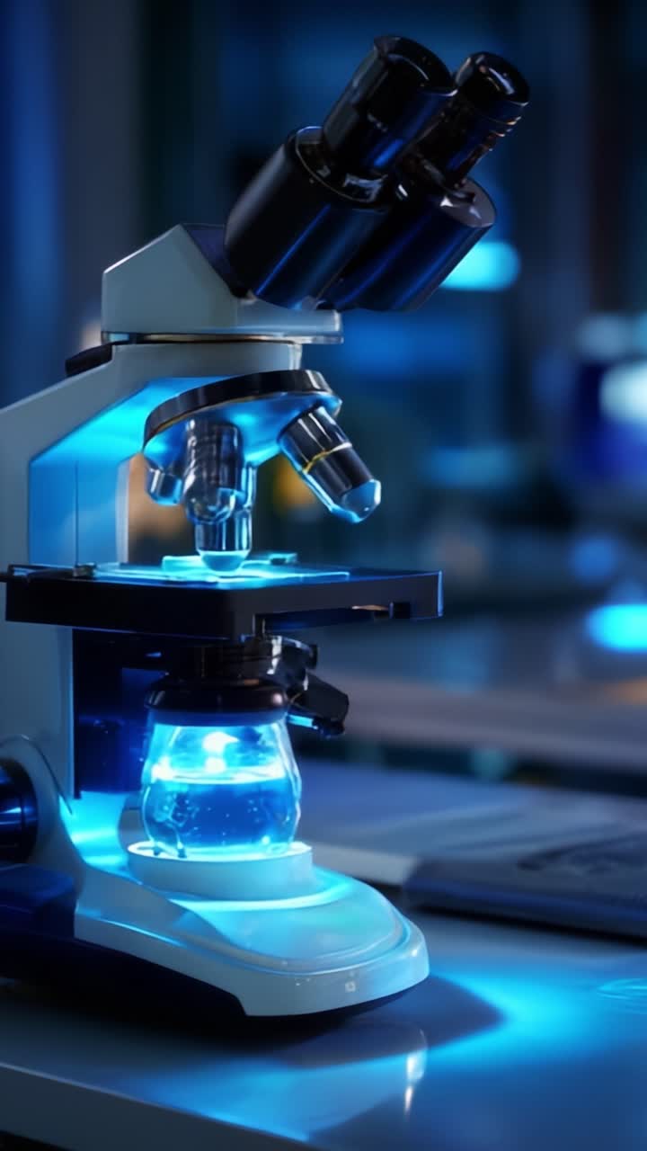 Innovative Microscope Technology Captured in Vibrant Blue Light, Showcasing Lens and Specimen in a Modern Laboratory Environment