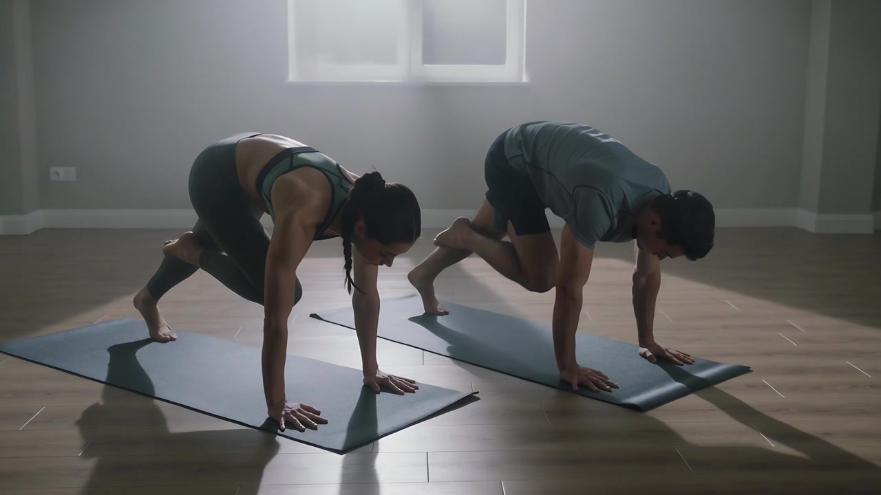 Coppia in abbigliamento sportivo che inizia il plank alternando le ginocchia al petto a casa per il core, sui tappetini sotto la finestra.