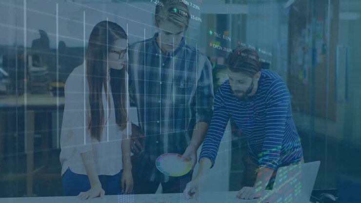 Three people discussing financial data processing animation over office setting