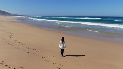 Vista-Trasera-De-Una-Atractiva-Joven-Morena-Con-El-Pelo-Largo-Caminando-En-Una-Playa-Paradisíaca-De-Arena-Desierta