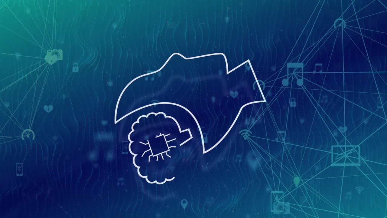 Animation of ai data processing with icons and network of connections