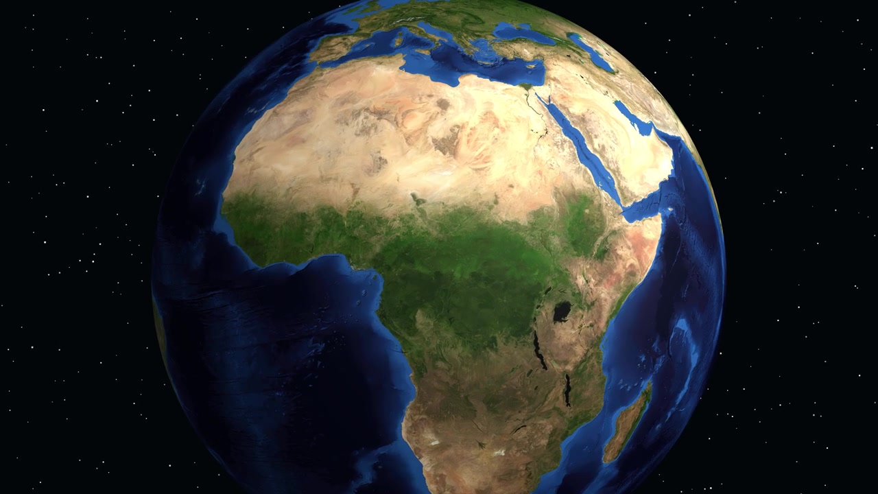 Un globo digitale ruota e ingrandisce l'Africa occidentale, evidenziando Nzerekore con testo informativo.