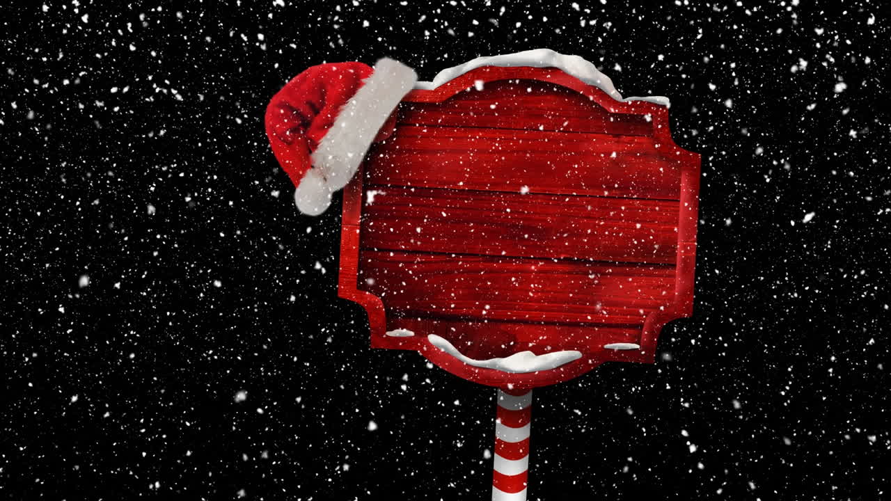 Animation of christmas red sign with copy space and santa hat, snow falling on black background
