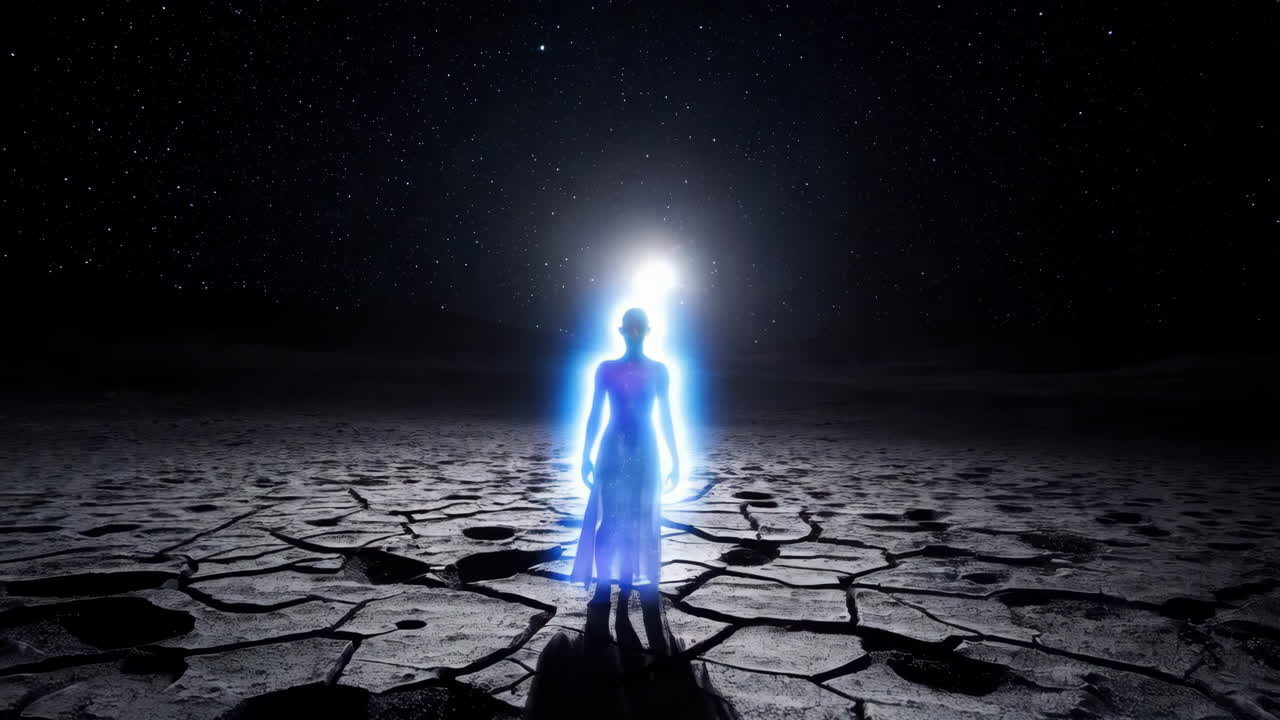 Ethereal Glowing Figure on Cracked Earth Under Starry Sky
