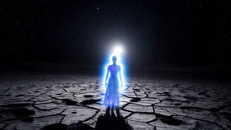 ethereal glowing figure on cracked earth under starry sky