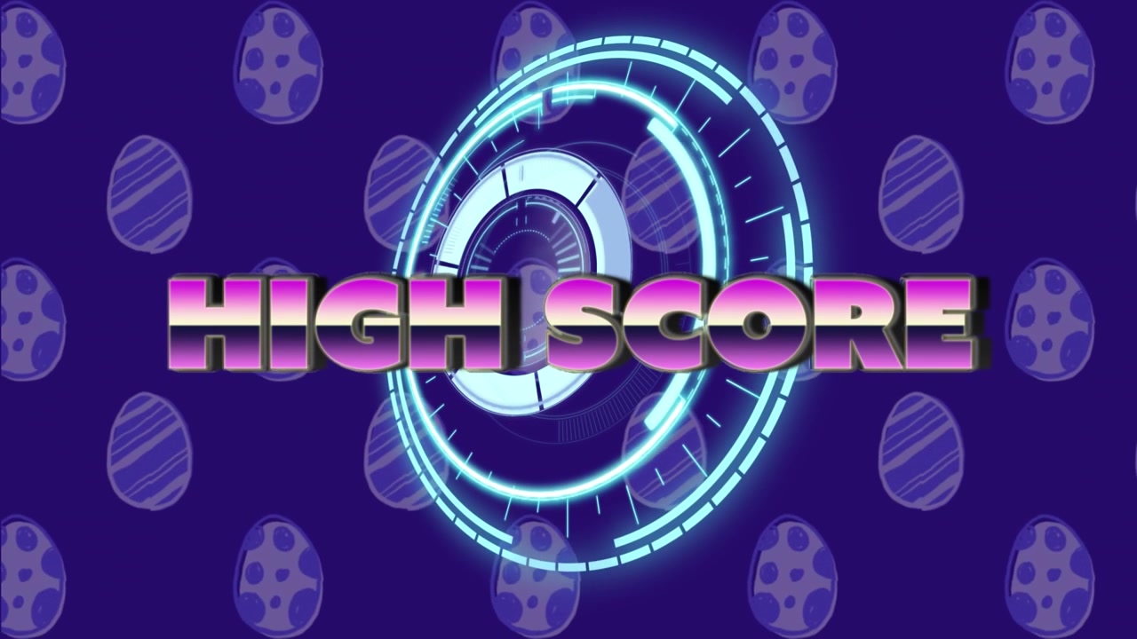 Animation af high score-tekst over scopeskanning og æggeikoner på blå baggrund