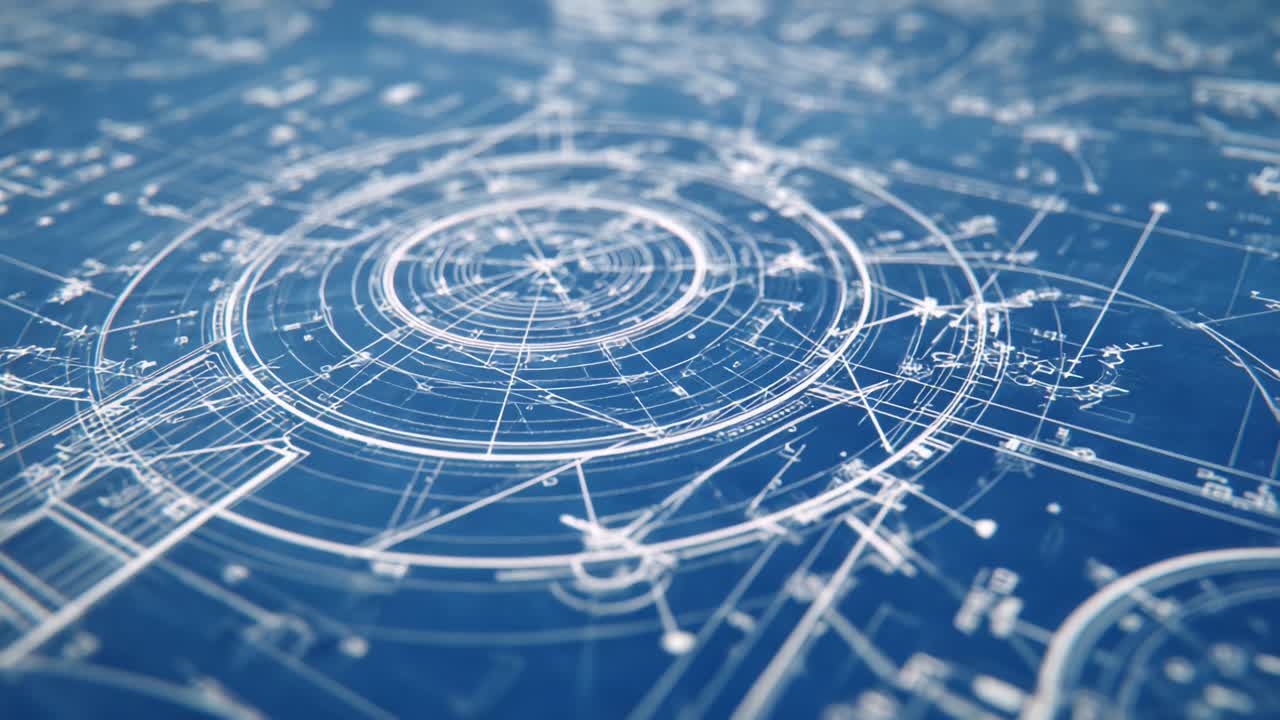 Exploring Intricate Technical Diagrams: Detailed Blueprint Illustrations of Circular Designs and Geometric Patterns in a Toned Blue Background