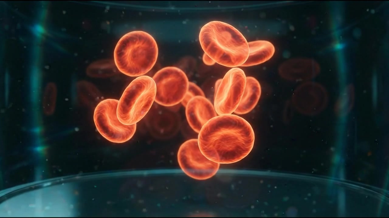 Rendering microscopico di globuli rossi che fluttuano nel flusso sanguigno