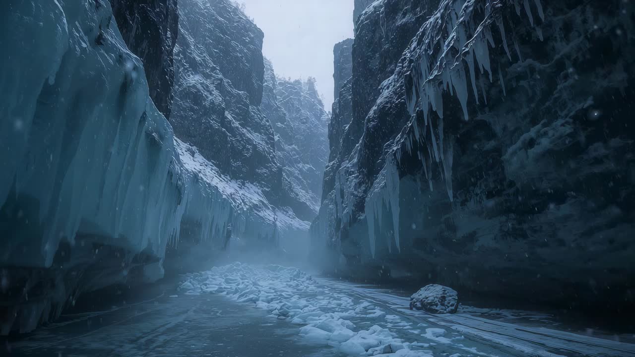 Panning camera pushing forward in narrow frozen canyon, revealing riverbed, right boulder, icicles