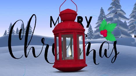 Animation-of-merry-christmas-text-banner-over-hanging-red-lamp-against-winter-landscape