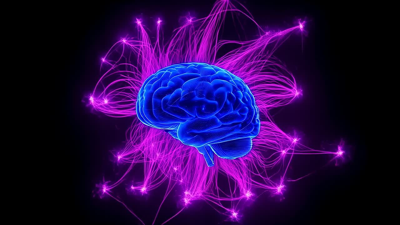 Responding to magenta ring sparking, blue brain rotating in black void revealing filaments and seam