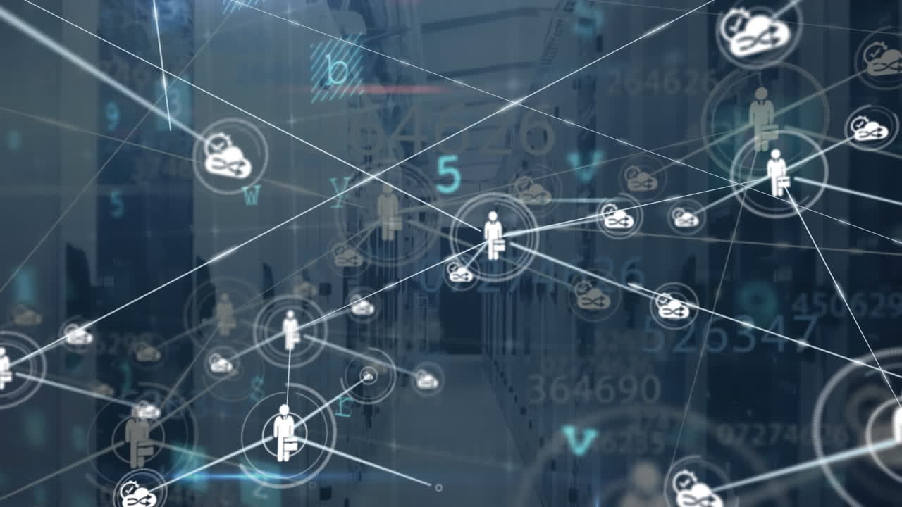 Animazione di rete di connessioni con icone su sala server e elaborazione dati.