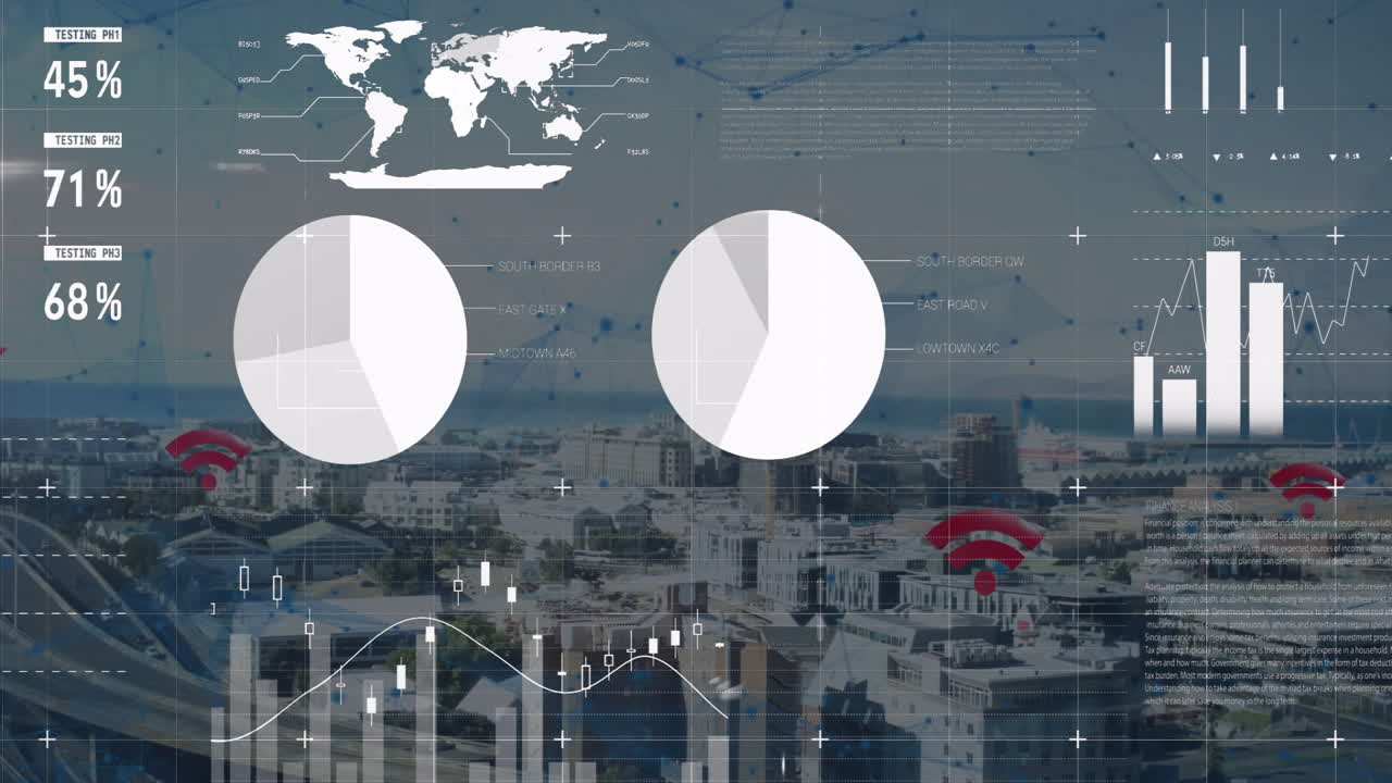 análisis de datos y animación de conectividad de red sobre el paisaje urbano