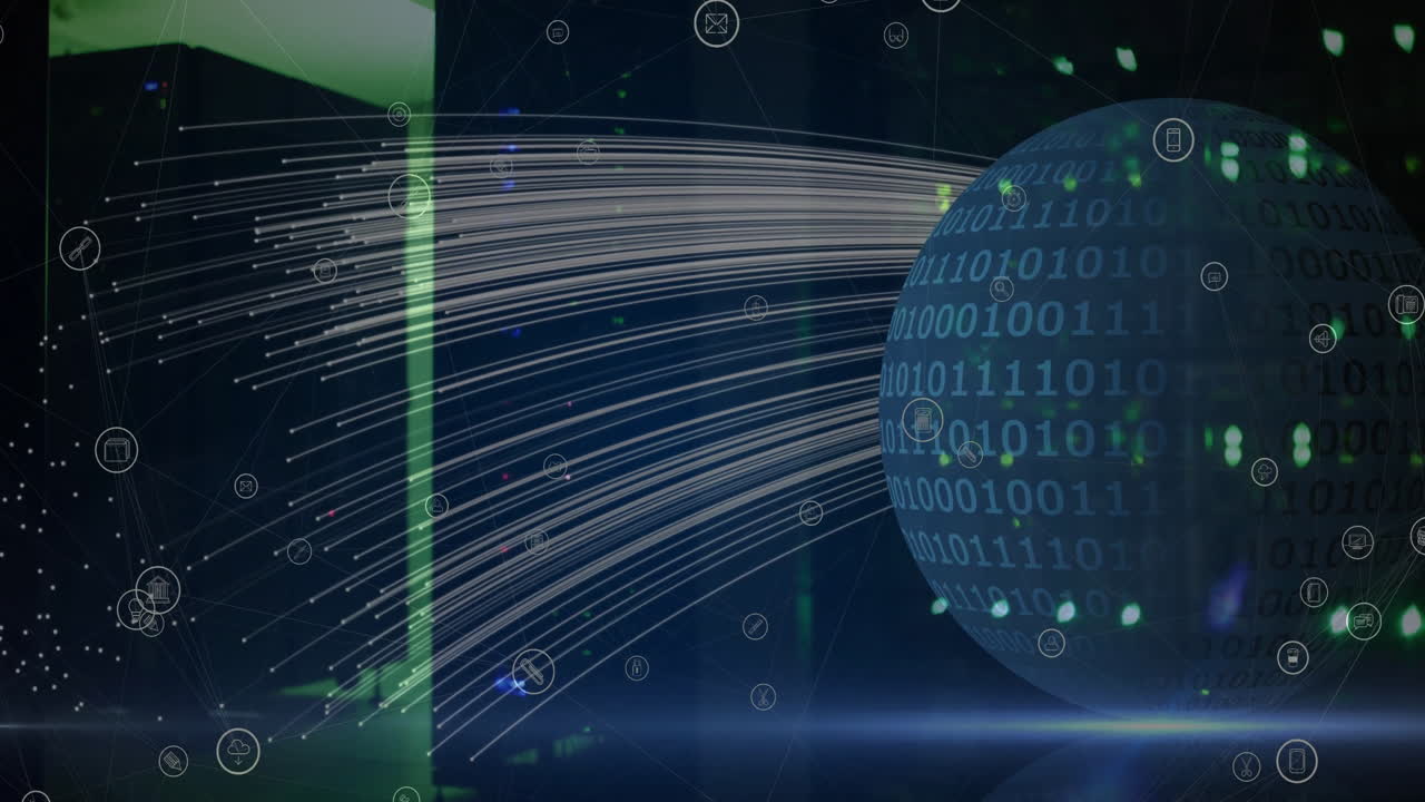 Animation of globe of binary coding transferring data streams over dark computer server room
