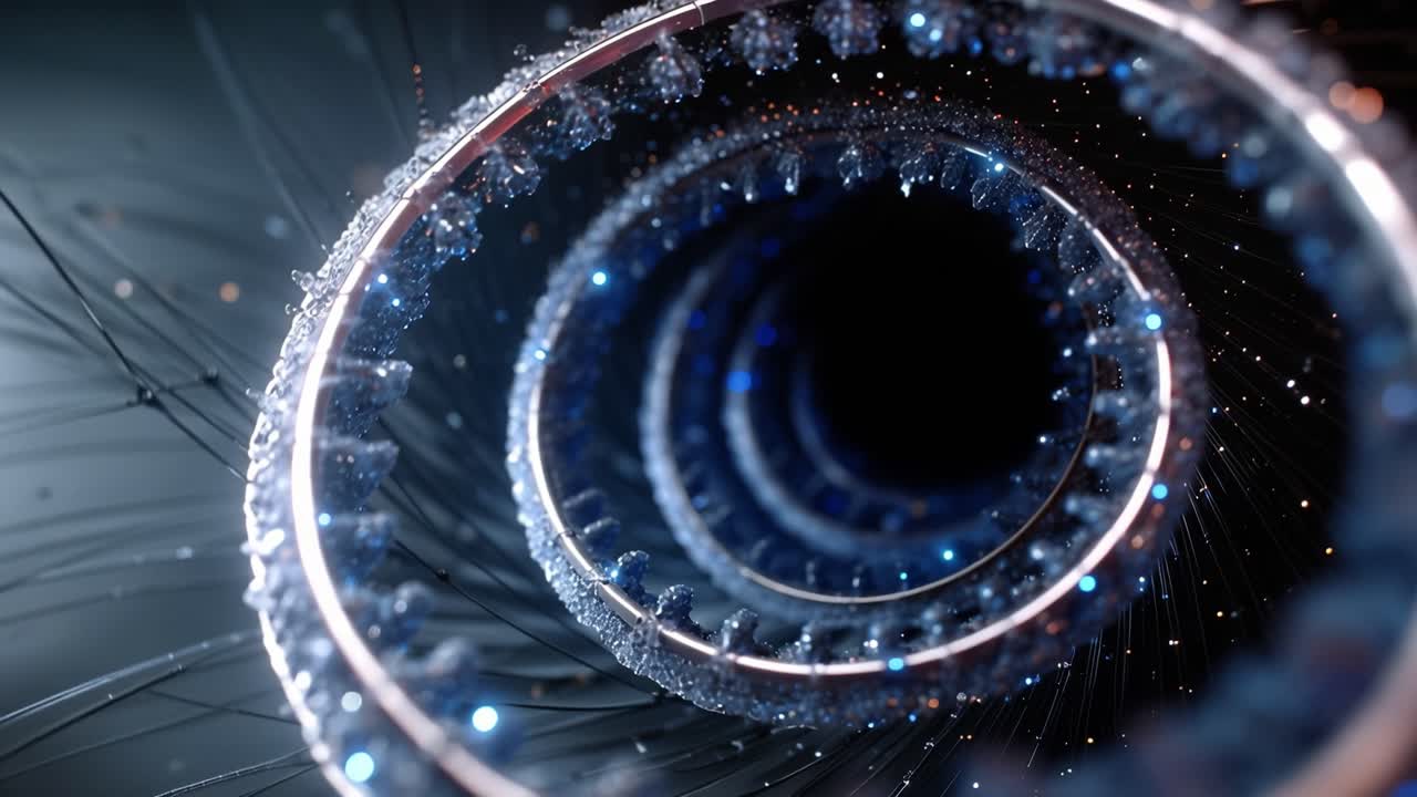 Abstract Rotating Spiral Tunnel with Glowing Blue Particles