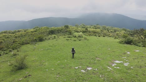 hombre con mochila y bastón camina por la mañana, vida saludable en la naturaleza, seguimiento de tomas aéreas