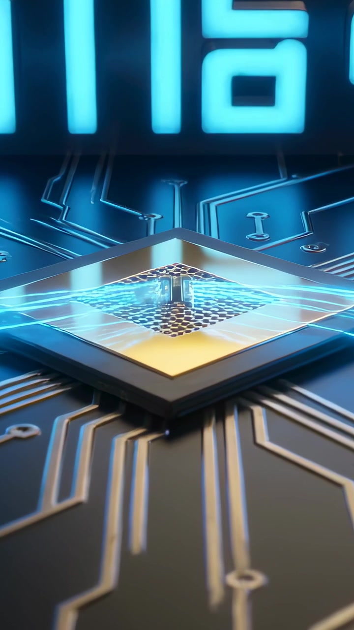 Vertical video: Reacting to cyan digits gold CPU raising holo plane blue rays tracing PCB for boot