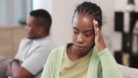 Anger,-ignore-and-fight-with-black-couple-on-sofa