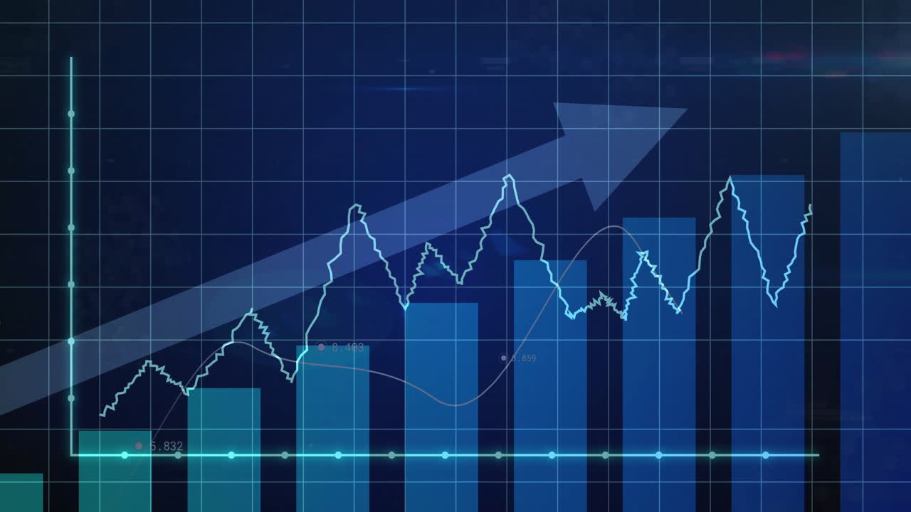 Animation showing bar and line graphs with upward arrow indicating financial growth
