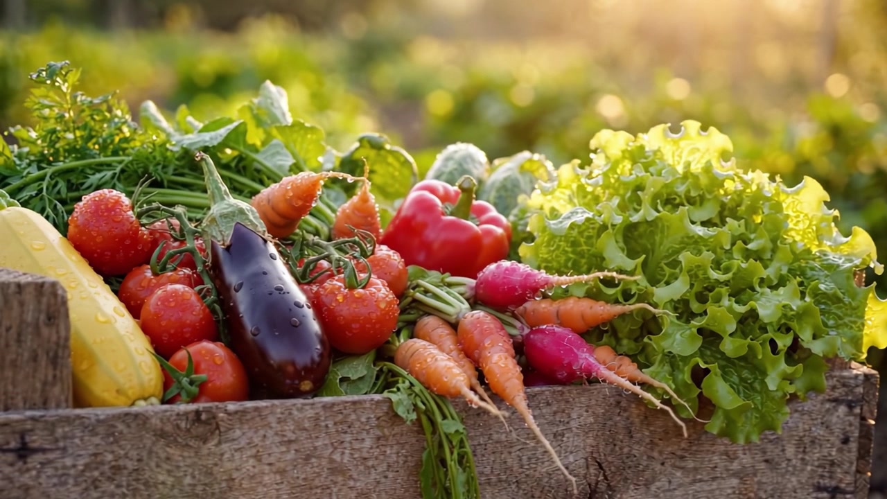 Una Cosecha Abundante: Verduras Vibrantes y Hojas Frescas Recolectadas del Jardín, Mostrando la Paleta de la Naturaleza en una Caja de Madera Rústica Bañada por la Cálida Luz del Sol