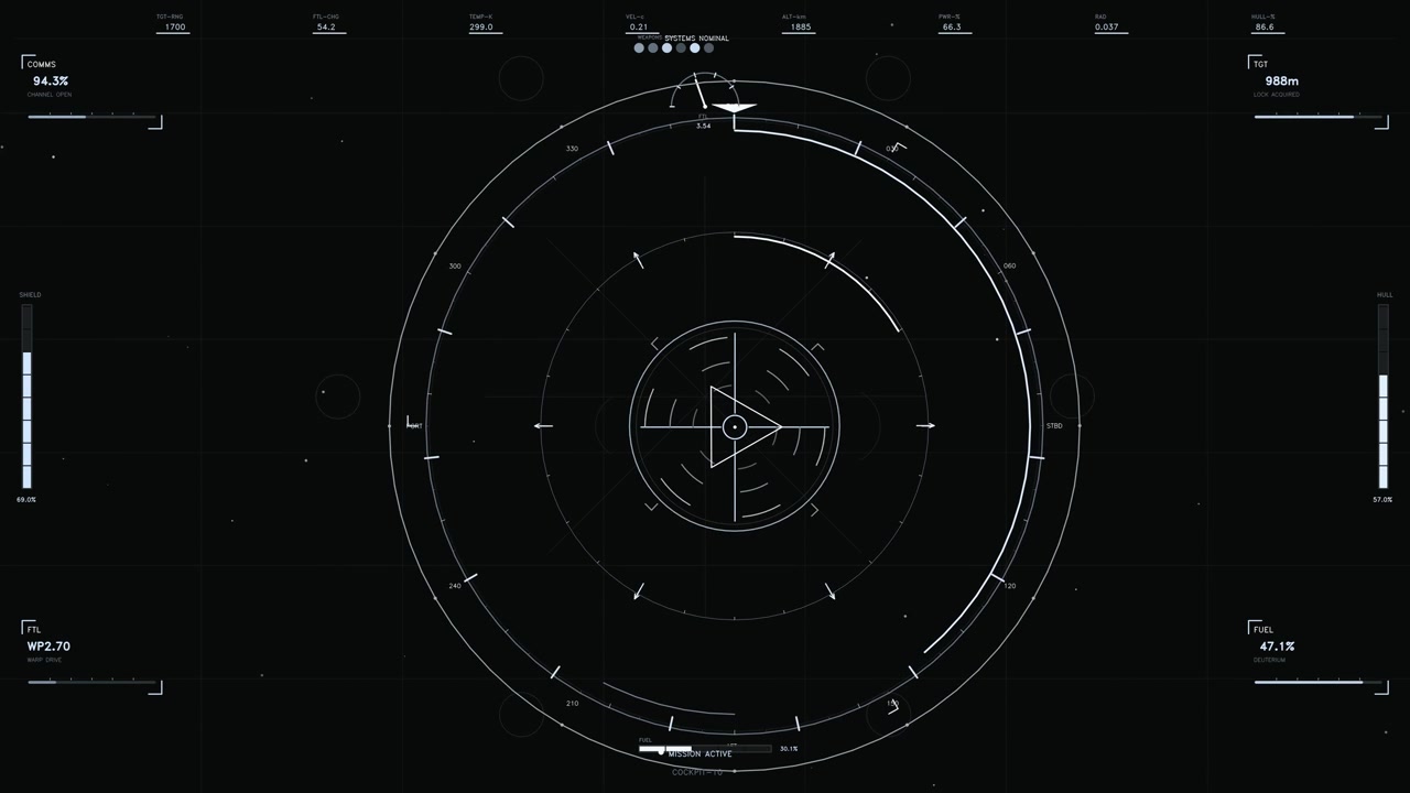 Un'interfaccia display head-up monocromatica e minimalista con un radar tattico circolare centrale e un reticolo rotante. Il layout include varie letture telemetriche come i livelli di carburante, l'integrità dello scafo