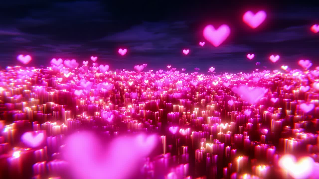 A Beautiful Surreal Landscape Filled with Floating Heart Shapes, Illuminated in Soft Pink and Vibrant Colors, Creating a Magical Atmosphere of Love and Affection that Envelopes the Viewer in Joy