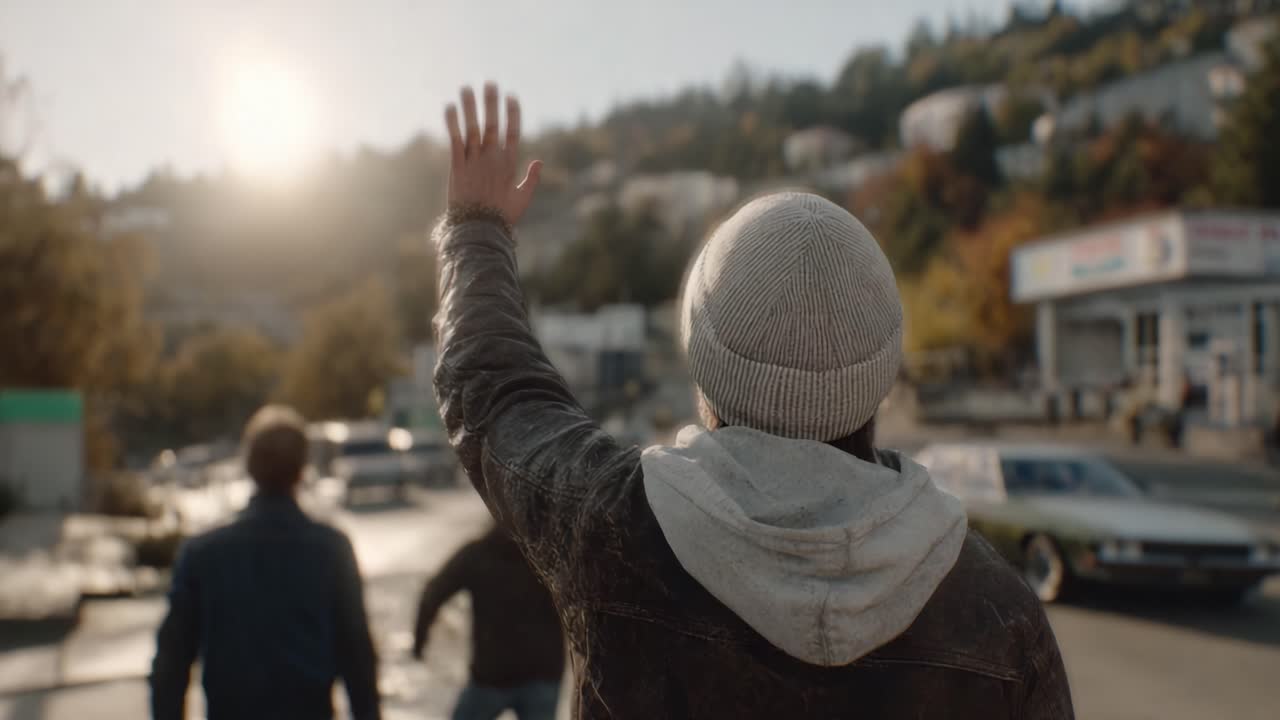 A Moment of Farewell: A Individual Waves Goodbye to Friends Amidst an Urban Landscape Under the Warm Glow of the Setting Sun