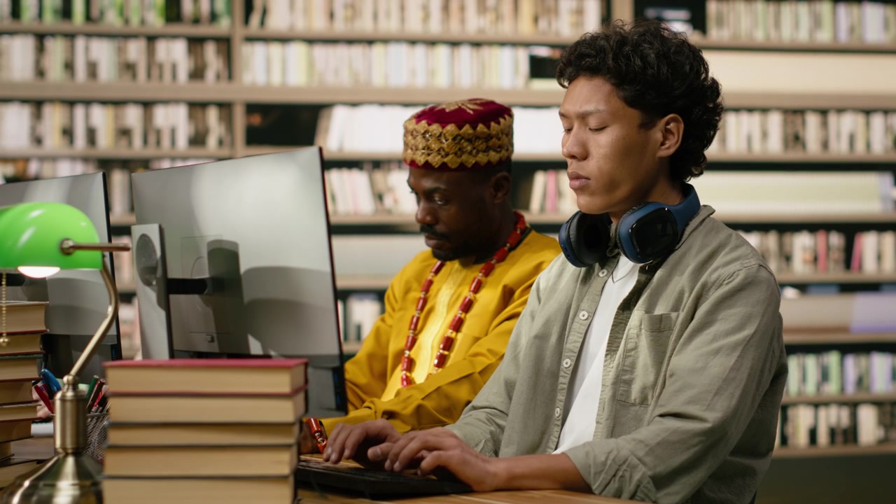 Student with headphones around his neck typing at desktop computer