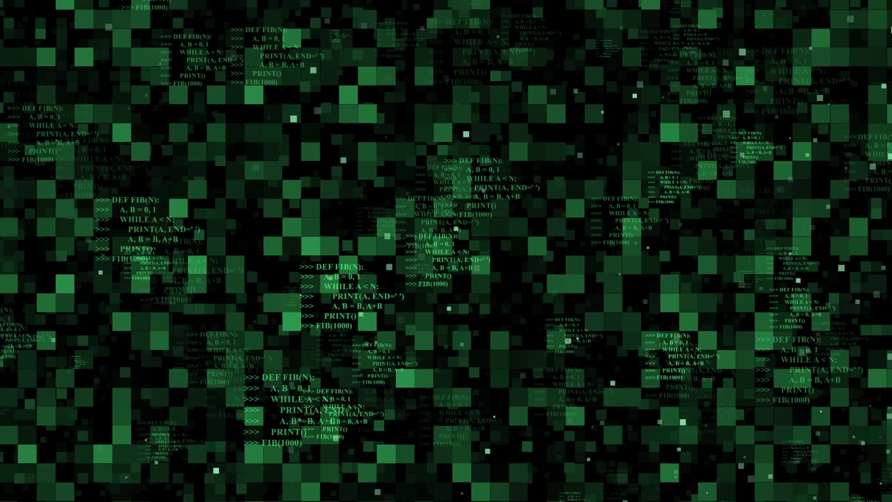 Digital Matrix Code Background with Green Flickering Pixels